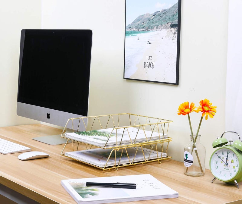 PAG Desktop File Organizer Metal Stackable Letter Tray Paper Holder Rack, 2 Pack, Gold - Image 5